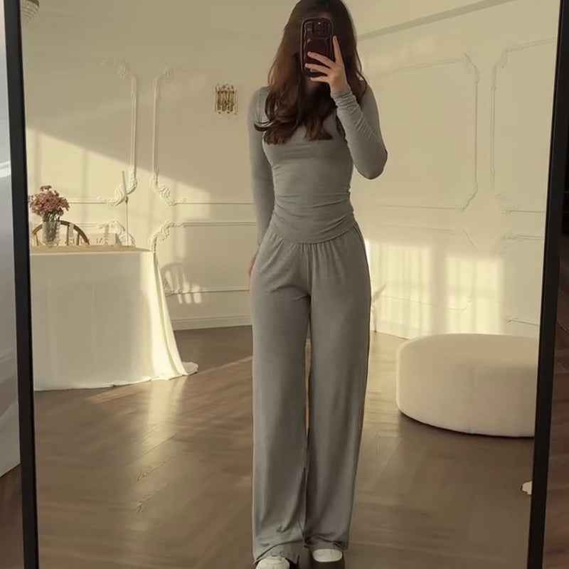 Fashionable Style Round Neck Solid Color Wide Leg Pants Elegant Commute Fashion Set