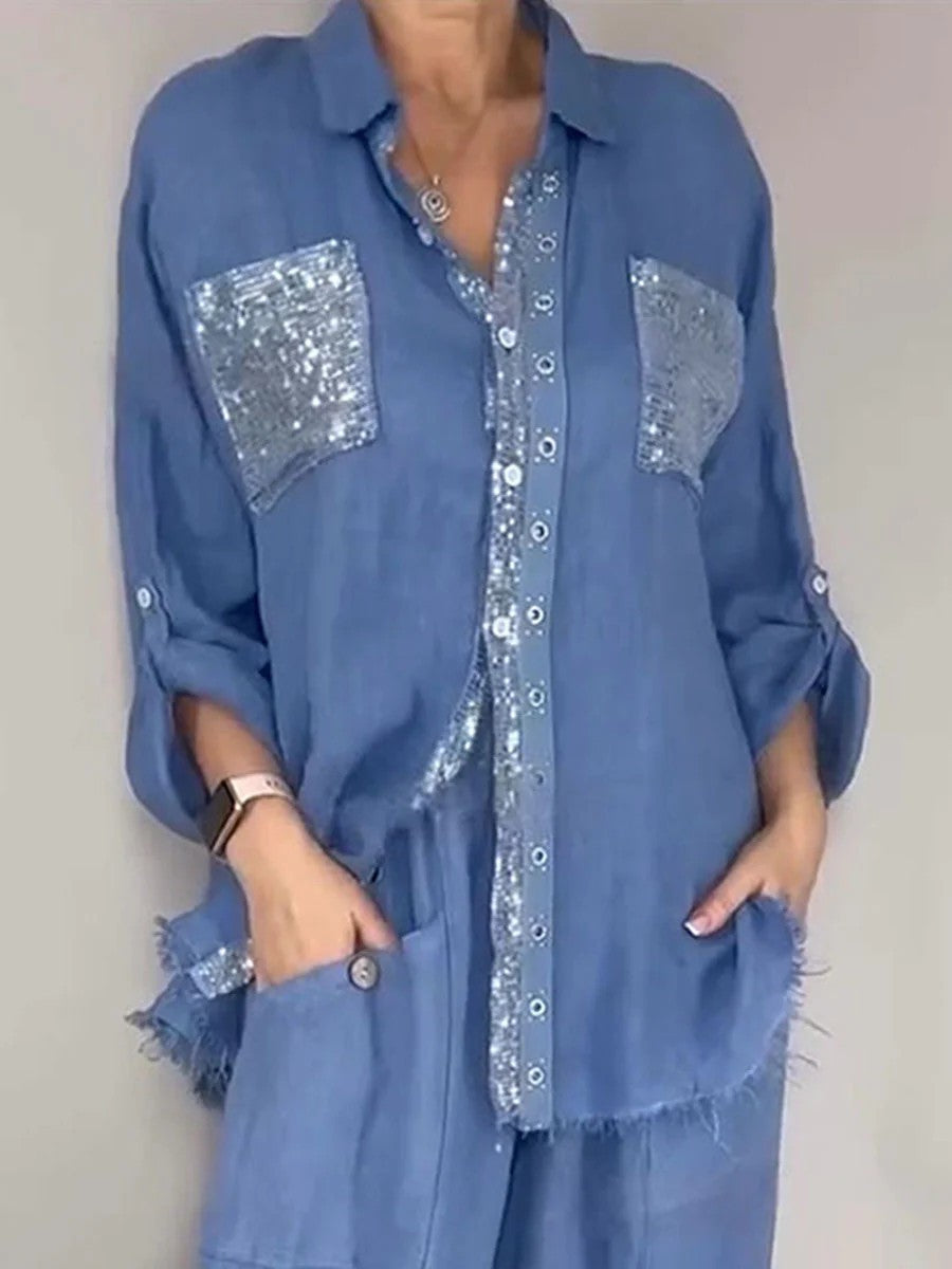 New Fashion Casual Women's Set with Pocket Placket and Gold Embellished Round Neck Design eprolo