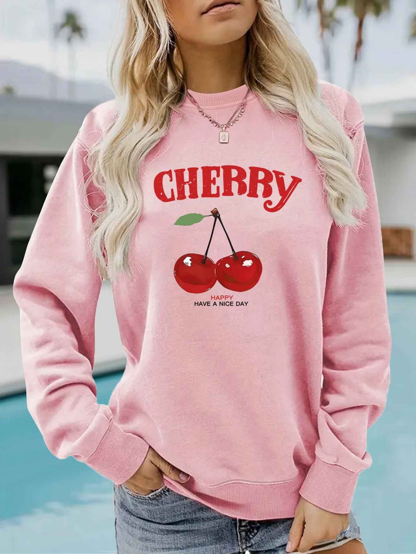 Round neck CHERRY cherry print pullover sweatshirt
