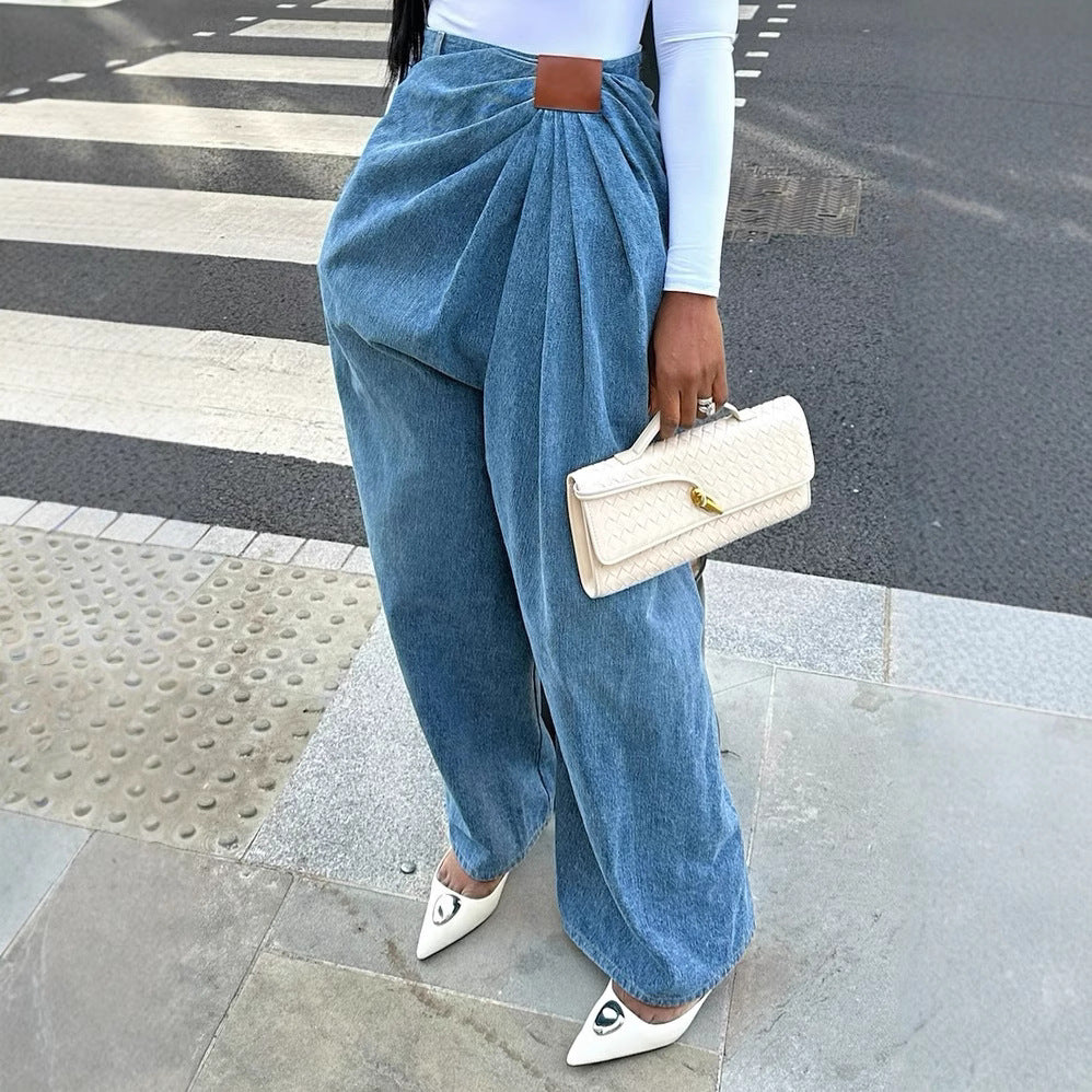 Street Style High-Waisted Wide-Leg Washed Denim Pants for Women eprolo