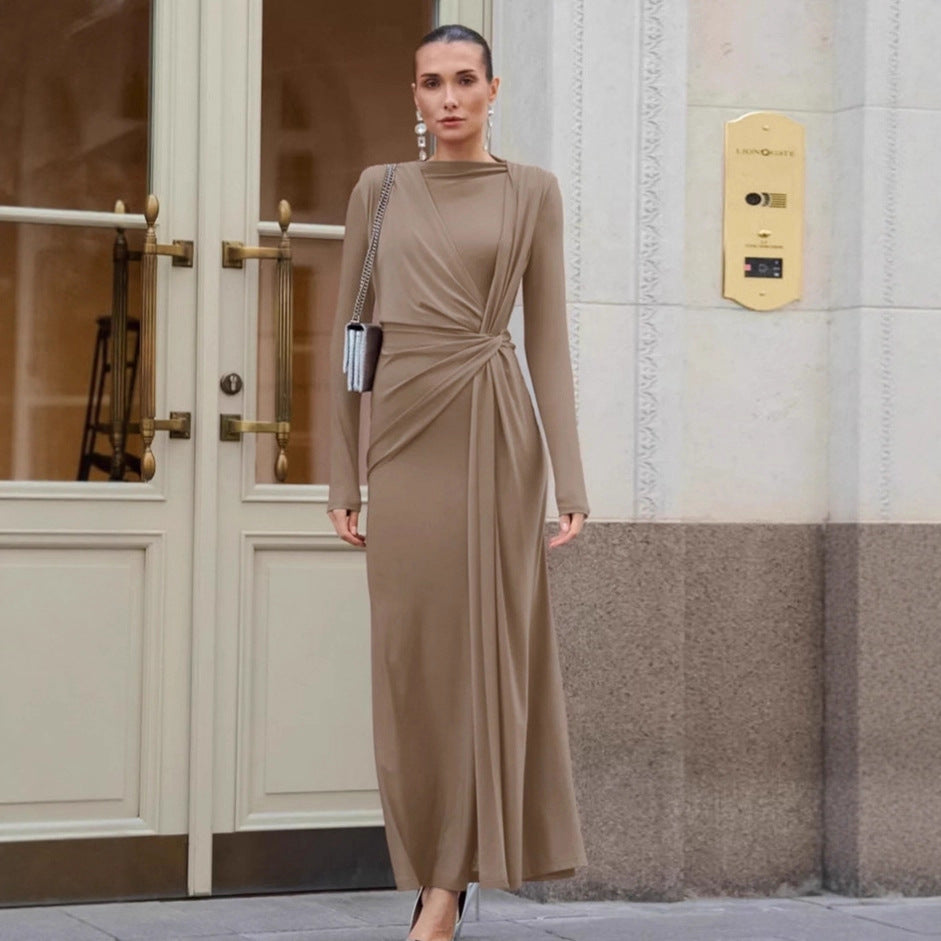 Cross-border Brown Round Neck Knitted Dress Women Design Sense Base Skirt Fitted Long Dress Women's Wear eprolo