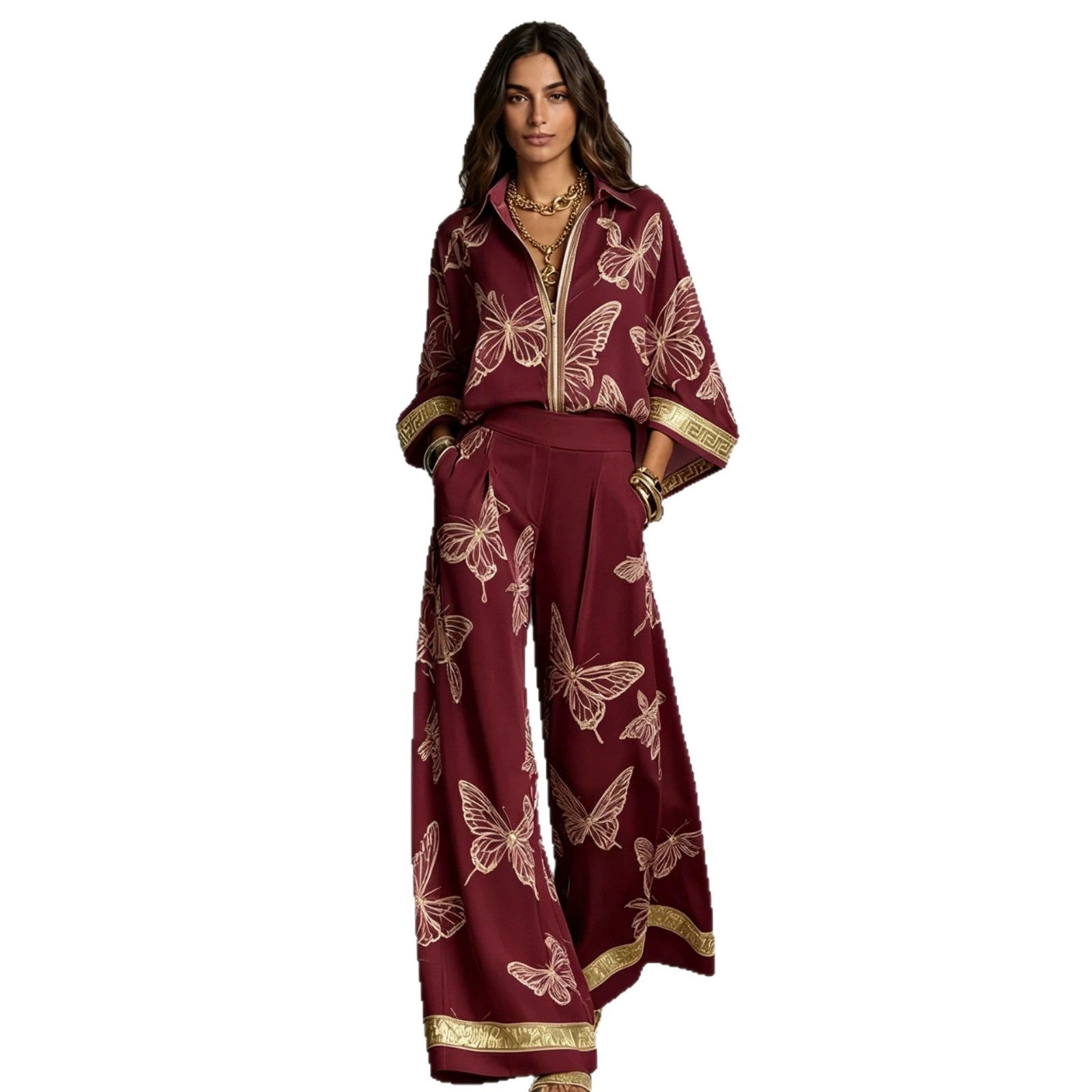 Style Women's Retro Printed Sexy Deep V Neck Loose Zipper Top with Wide Leg Pants Two-Piece Set eprolo