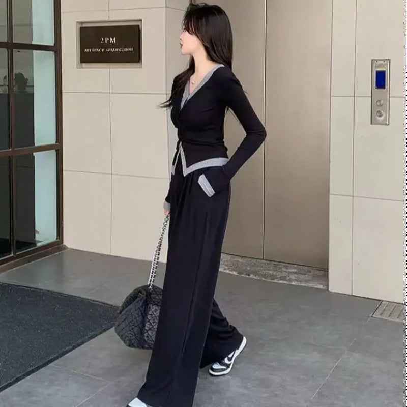 Two-Piece Set with Illusion Two-Piece Design Slimming Top + High-Waisted Slimming Wide-Leg Pants