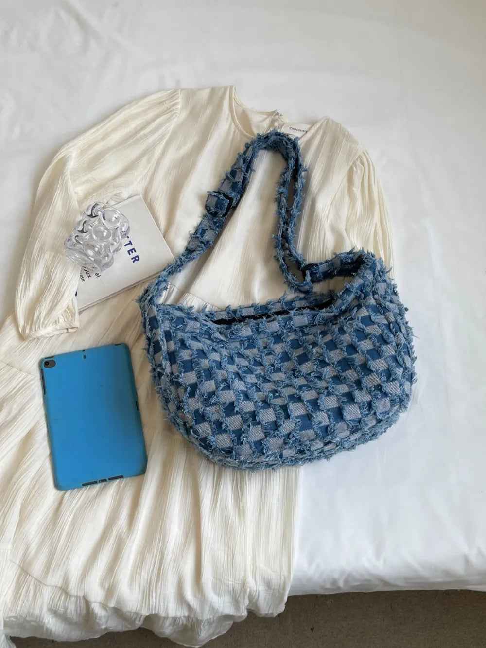 Checkered Raw Edge Denim Shoulder Bag
