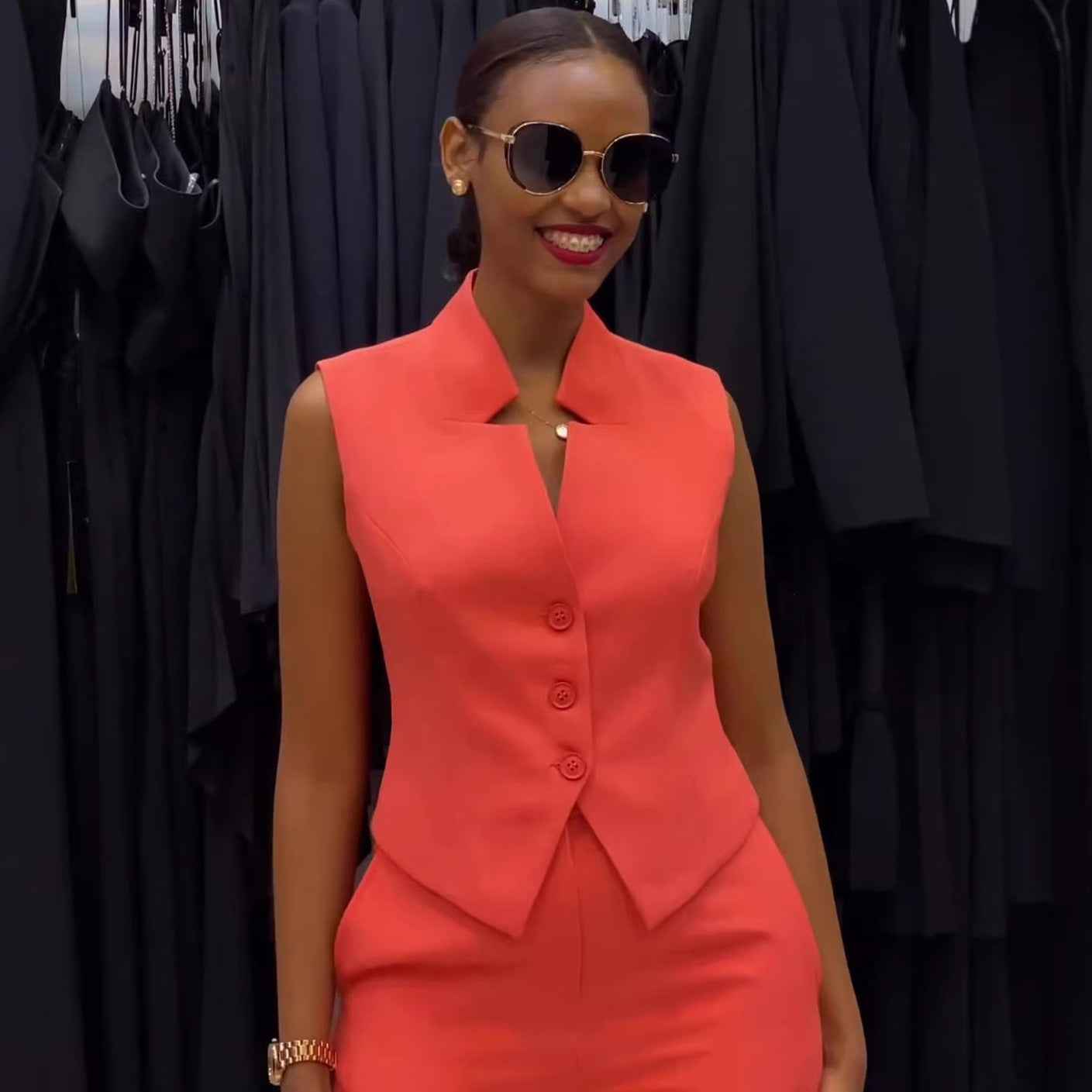 Sleeveless Plus Size Eye-Catching Wide-Leg Two-Piece Set Suit Combination Loose Orange Tangerine Red