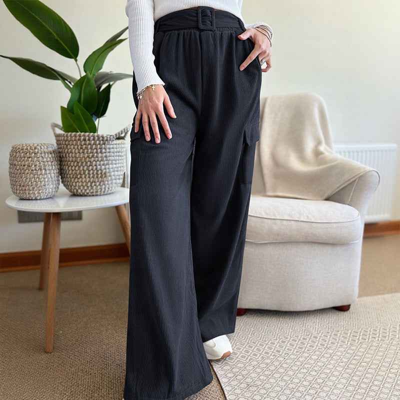 Minimalist style loose solid color corduroy wide leg pants for women