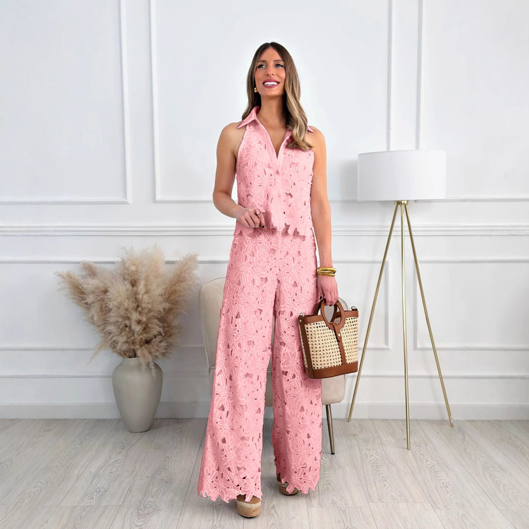 Summer Embroidered Hollow-out V-neck Top + Wide-leg Straight Long Pants Set