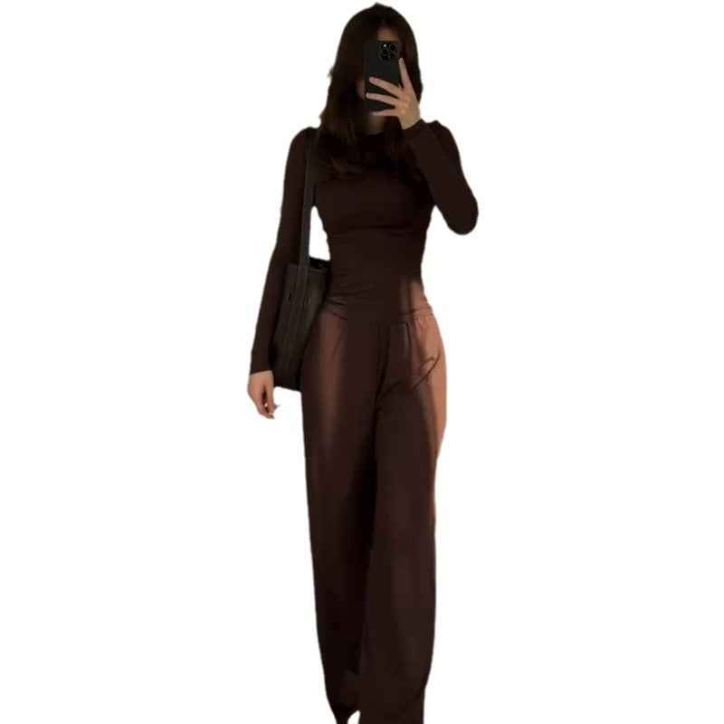 Fashionable Style Round Neck Solid Color Wide Leg Pants Elegant Commute Fashion Set