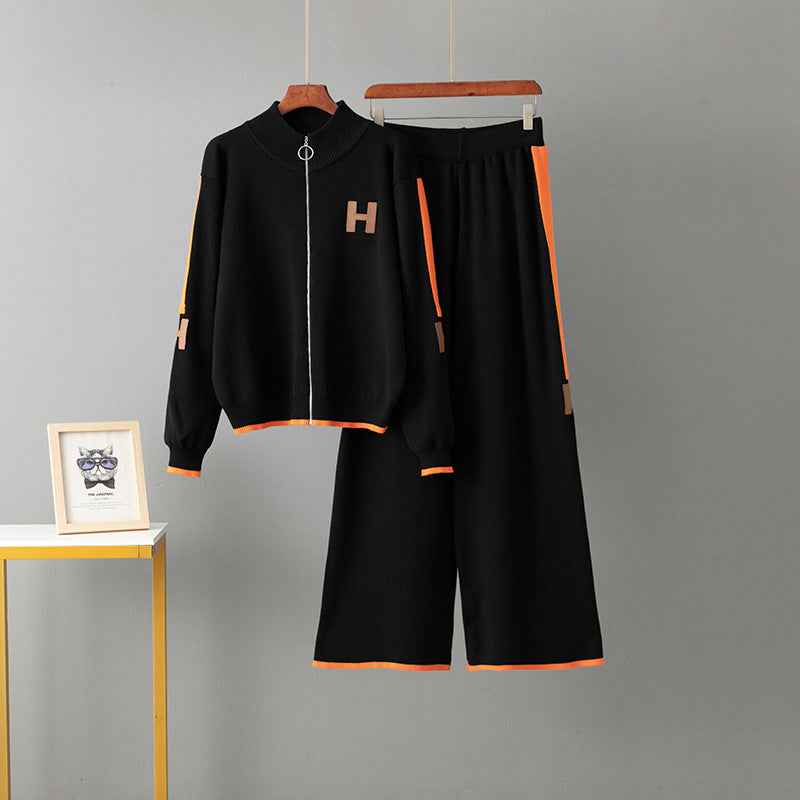 Round neck zipper top loose sports pants two-piece set