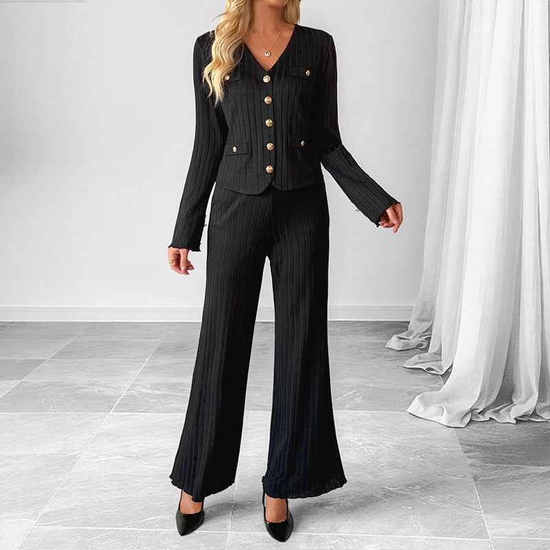 Elegant Casual Minimalist Style Coat and Solid Color Wide-Leg Pants Set for Women