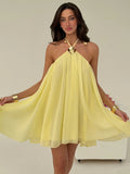 Halter neck tie-up dress yellow sleeveless export women's backless sexy strap dress