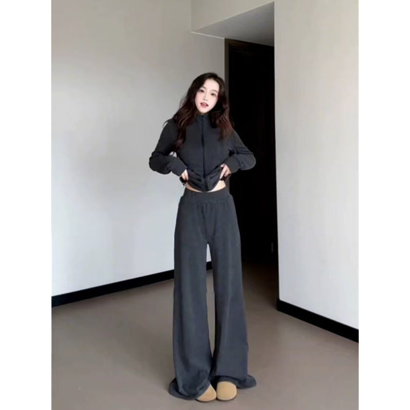 Slim-Fitting Casual Two-Piece Set for Women, Wide-Leg Pants and Sporty Outfit, Autumn Look, Student Style