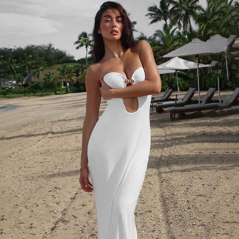 Solid color elegant strapless U-neck high waisted long dress
