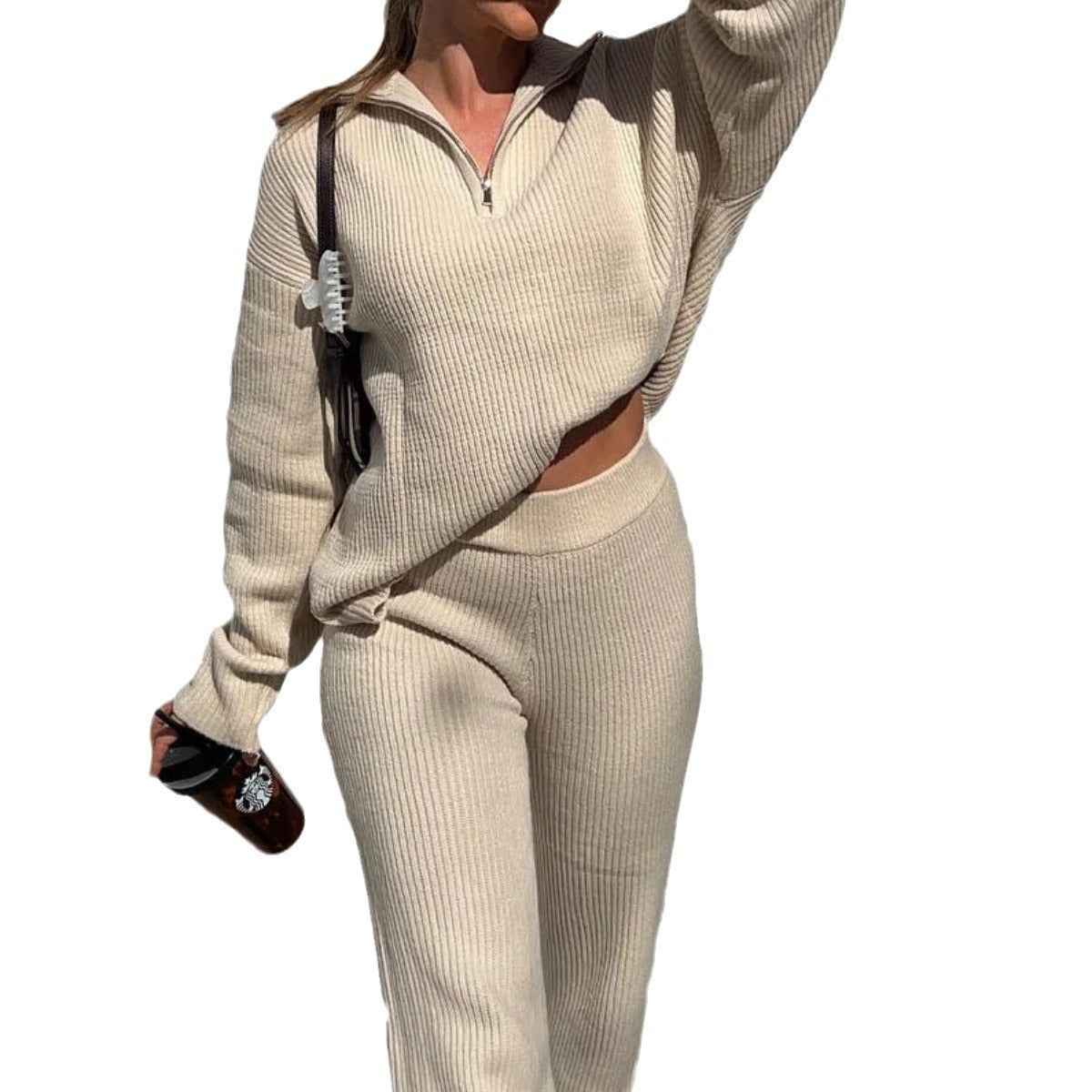 Spring and Autumn Hot selling New Product Two piece Set, Casual and Comfortable Collar Long sleeved Straight leg Pants Knitted S