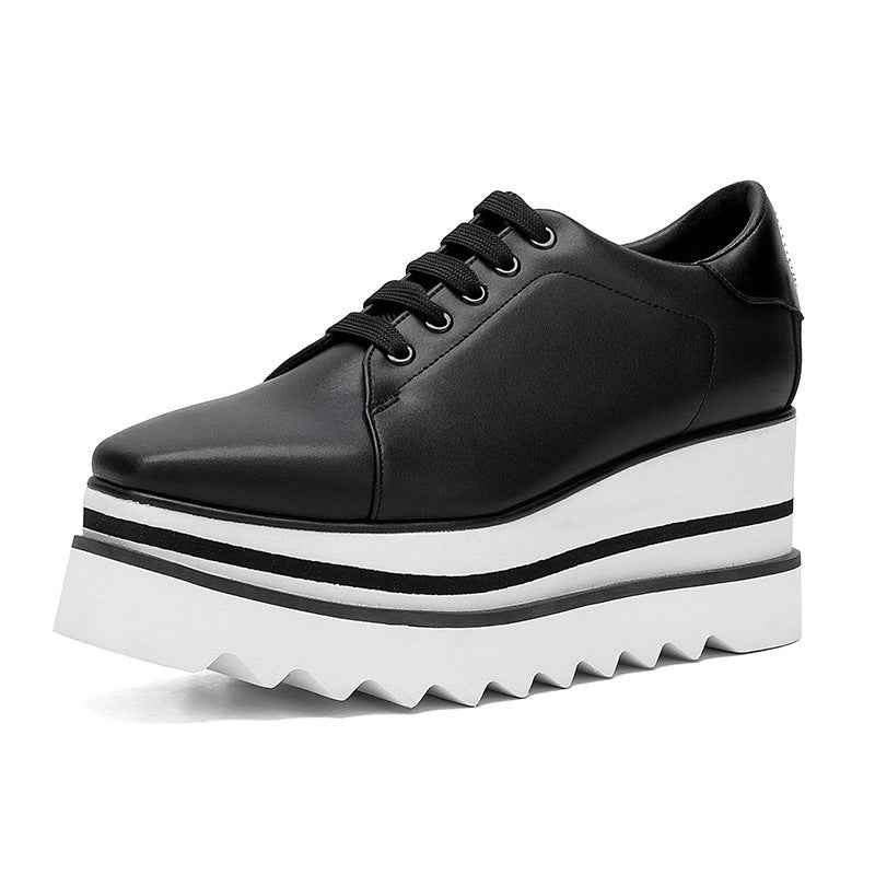 British Style Thick Platform Square Toe Wedge Heel Waterproof Platform Striped Platform Sole Tied Women's Single Shoes
