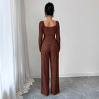 Solid color square neck slim fit set for women