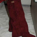 Boots with pointed toes large tube circumference straight tube metal buckle medium length tube thick heel women's boots
