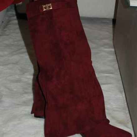 Boots with pointed toes large tube circumference straight tube metal buckle medium length tube thick heel women's boots