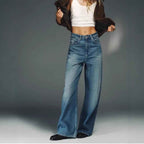 Casual Loose Straight Leg Washed Denim Pants with Leather Splicing for Women  Trendy Oversized Floor-Length Trousers