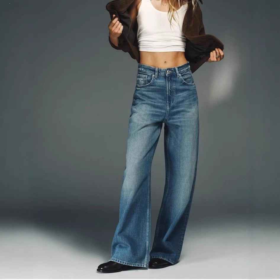 Casual Loose Straight Leg Washed Denim Pants with Leather Splicing for Women  Trendy Oversized Floor-Length Trousers