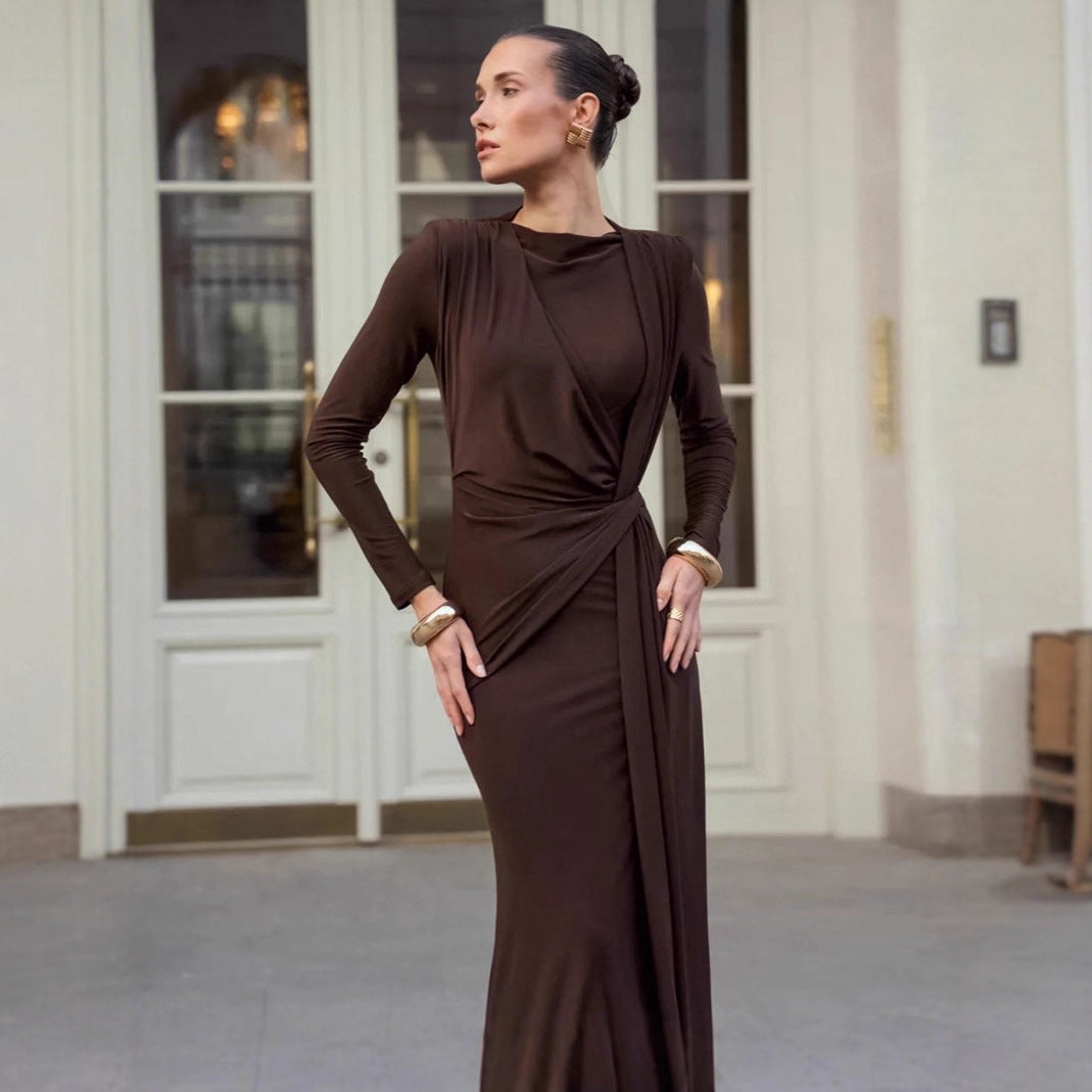 Cross-border Brown Round Neck Knitted Dress Women Design Sense Base Skirt Fitted Long Dress Women's Wear eprolo