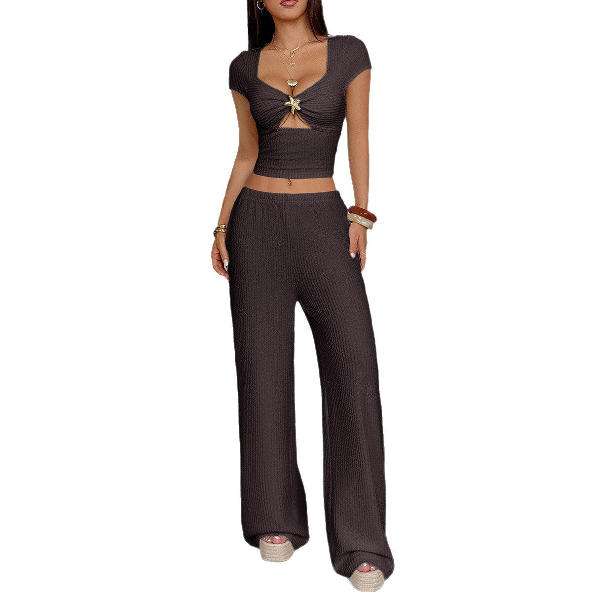 Sports style short sleeved vest wide leg pants set