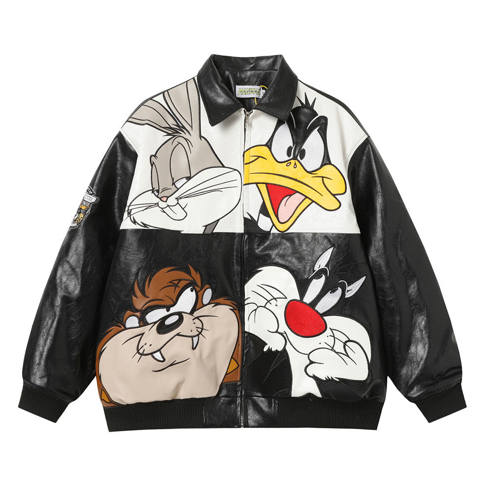 Embroidery creative cartoon loose collar leather jacket