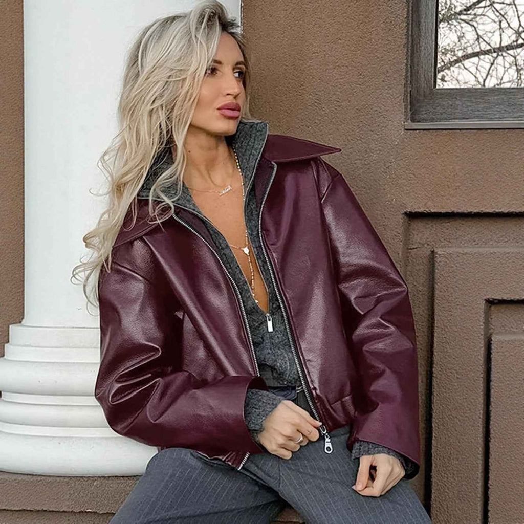 PU leather jacket loose jacket women's zipper leather jacket