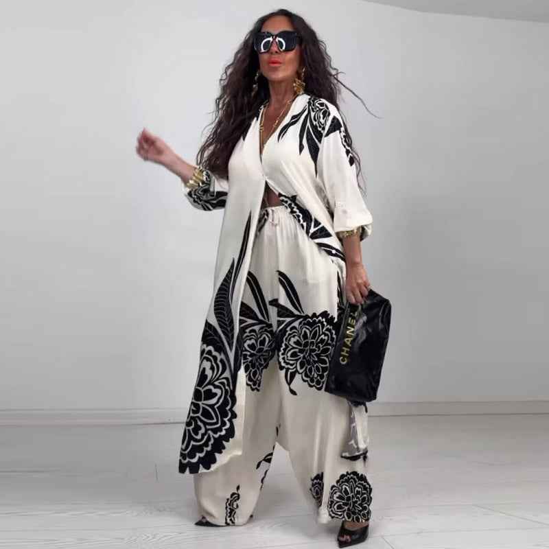 Printed top+wide leg pants two-piece set