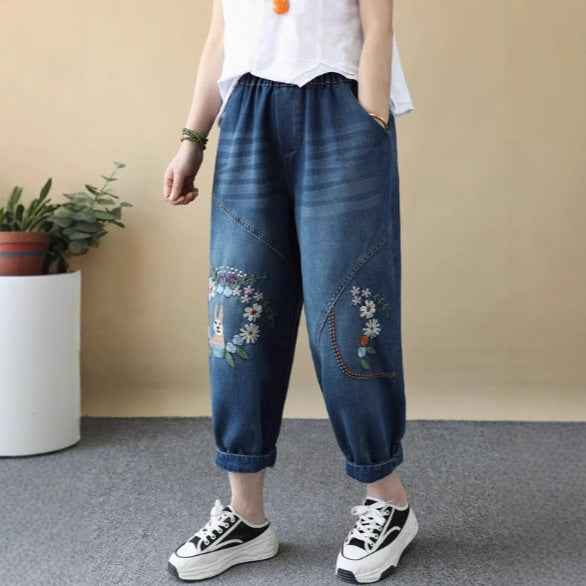 Vintage Cartoon Rabbit Embroidered Denim Pants Women Loose Plus Size Floral Embroidery Nine-Point Calf-Length Wide-Leg Trousers Thin Style