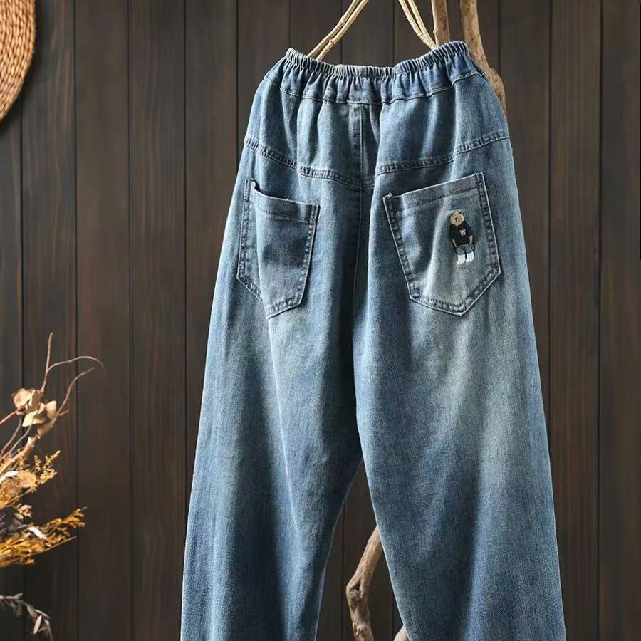 Thin Blue Denim Harem Pants for Women, Loose and Slimming Casual Nine-Point Pants