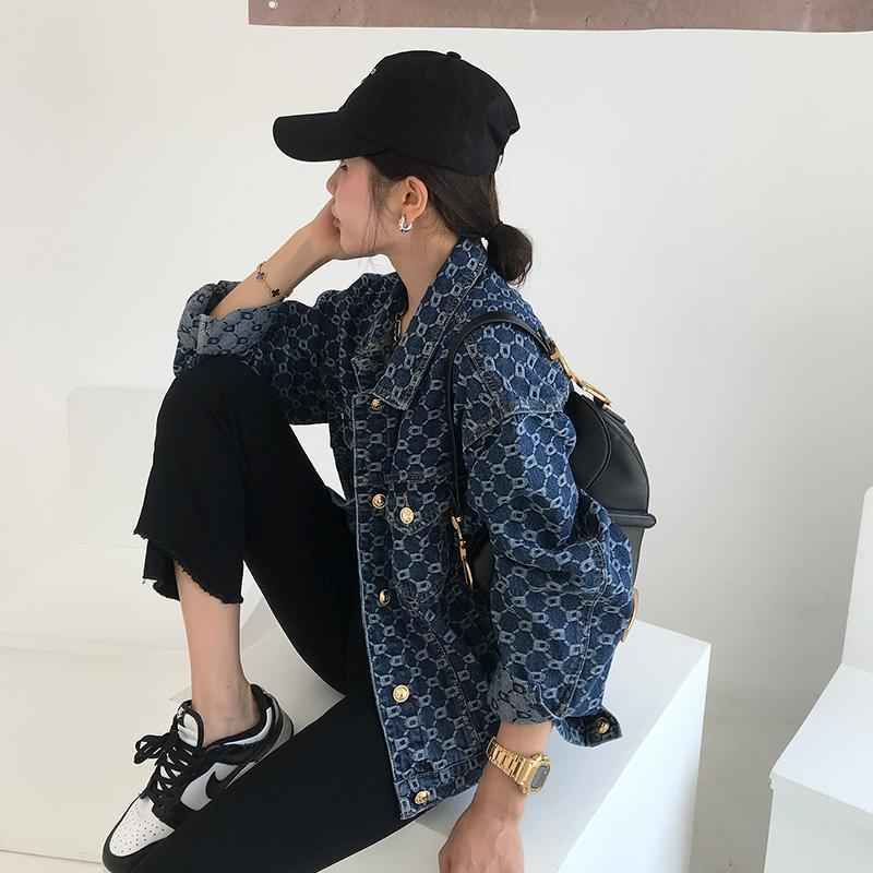 Full printed jacquard long sleeved denim jacket for women early autumn casual top spring and autumn denim jacket
