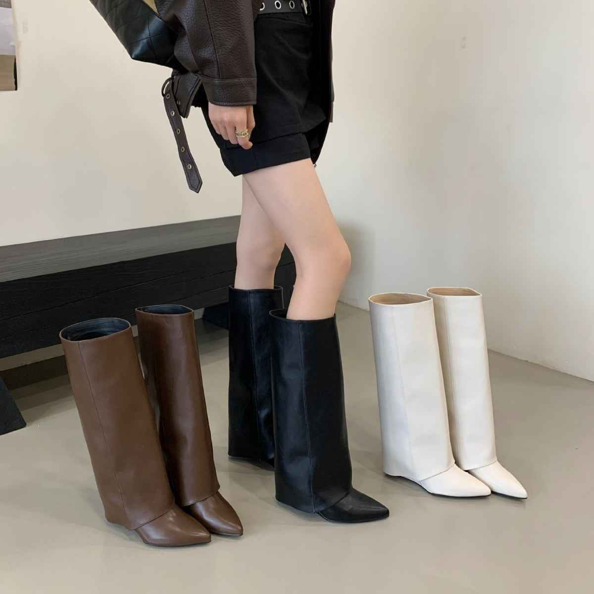 Fashionable Square Toe Slimming Versatile Flat Mid-Heel Elegant French Style Over-the-Knee Boots for Women