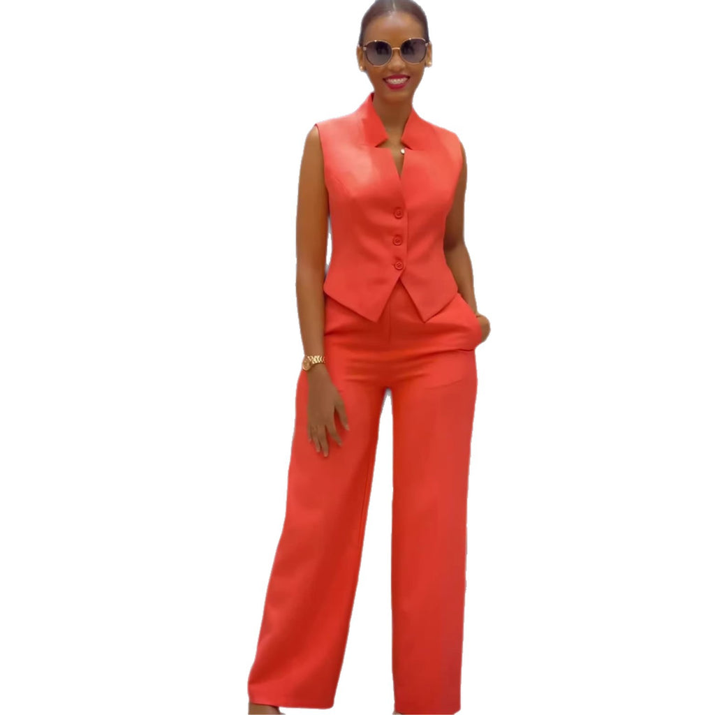 Sleeveless Plus Size Eye-Catching Wide-Leg Two-Piece Set Suit Combination Loose Orange Tangerine Red