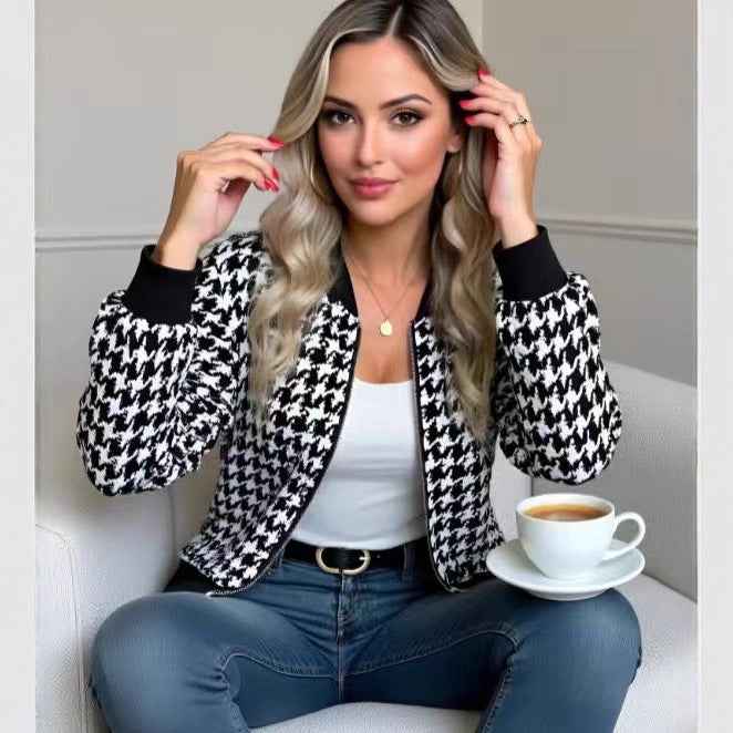 Thousand Bird Grid Jacket Short Coat Long Sleeve Baseball Jacket