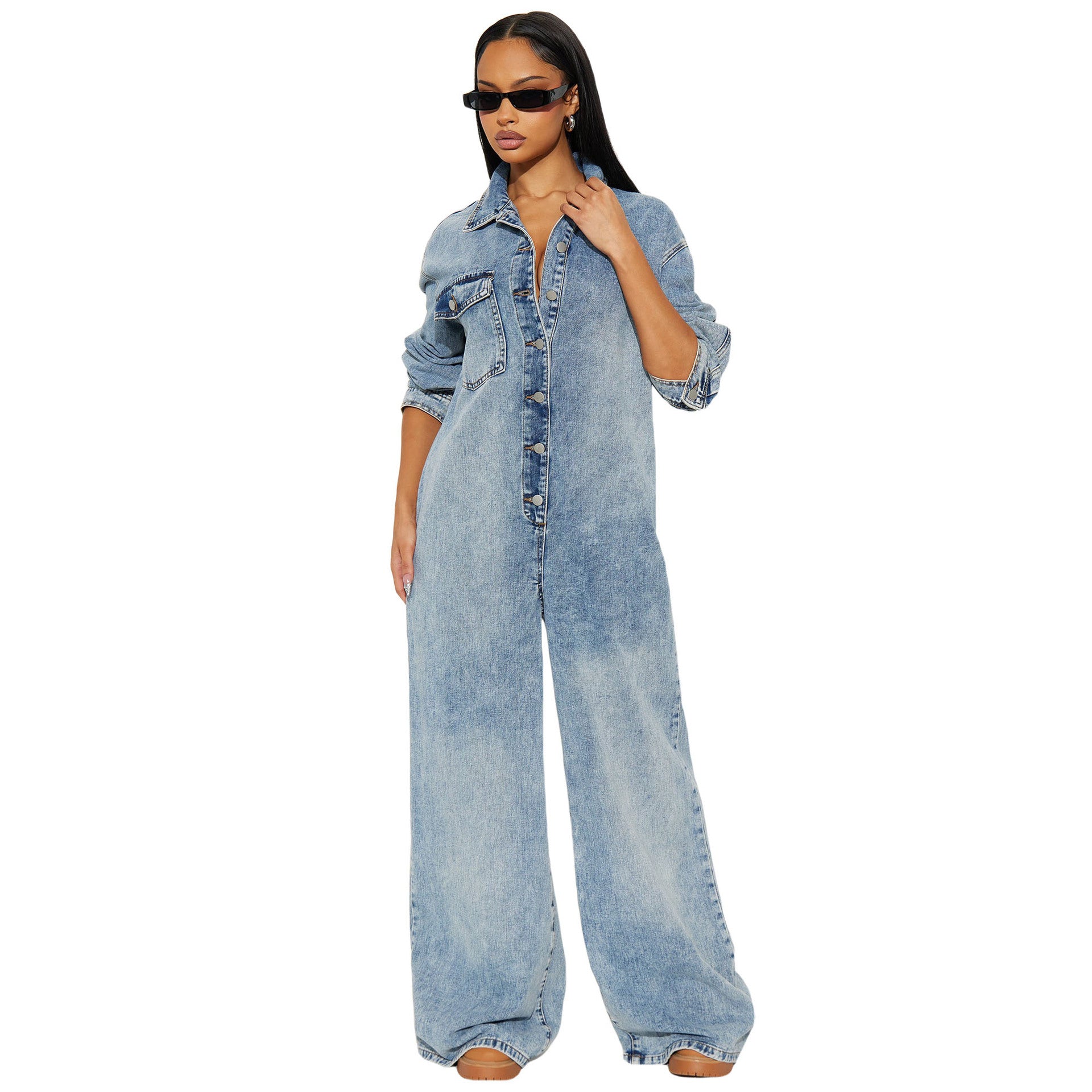Slim fit elastic trumpet long sleeved denim jumpsuit