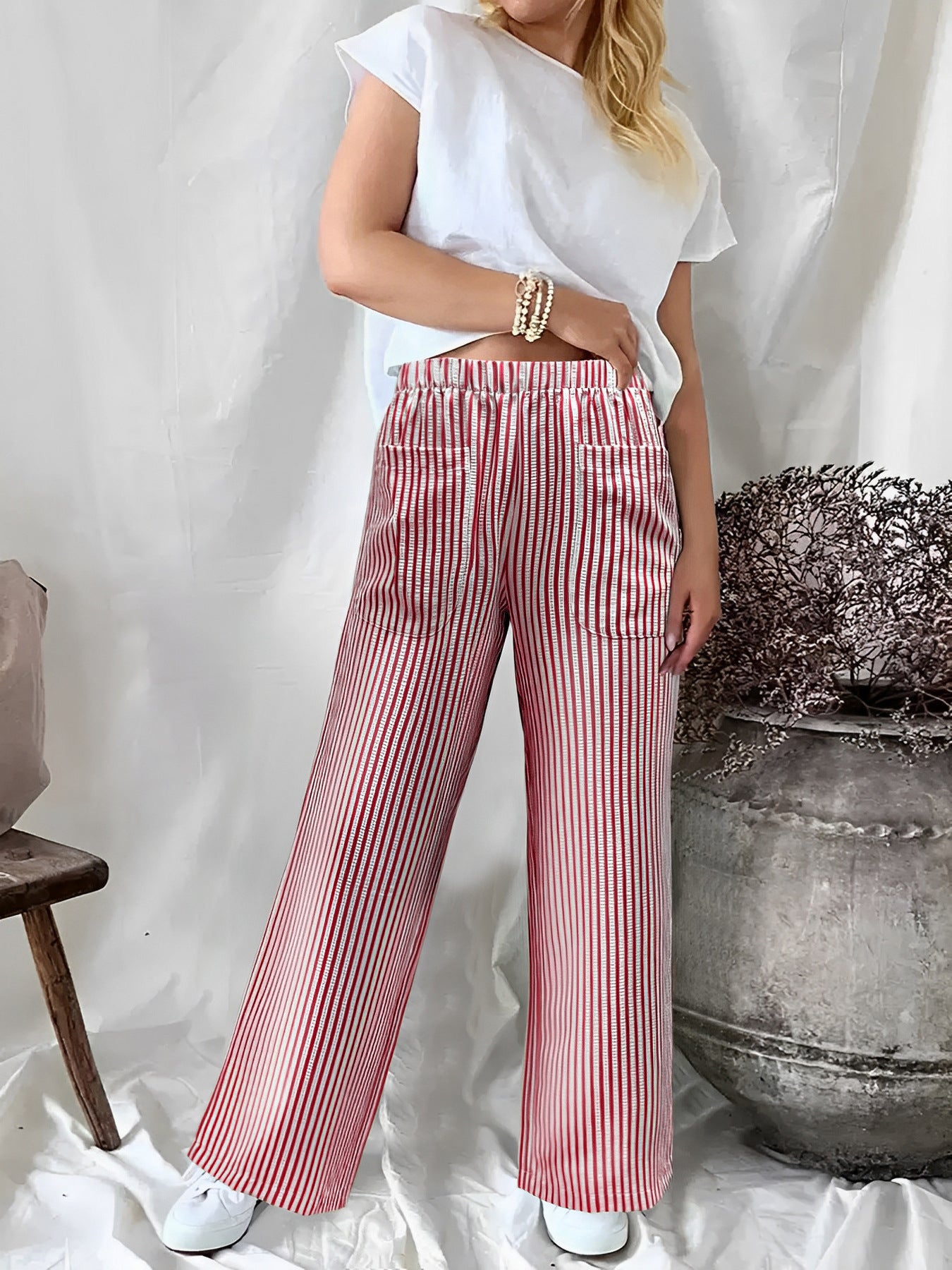 Fall Winter New Women's Loose Striped Pocket Fashion Casual Wide Leg Pants