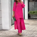 Cotton Linen Long Sleeve Irregular Hem Loose Fit Women's Two-Piece Set Top &amp; Wide-Leg Pants eprolo