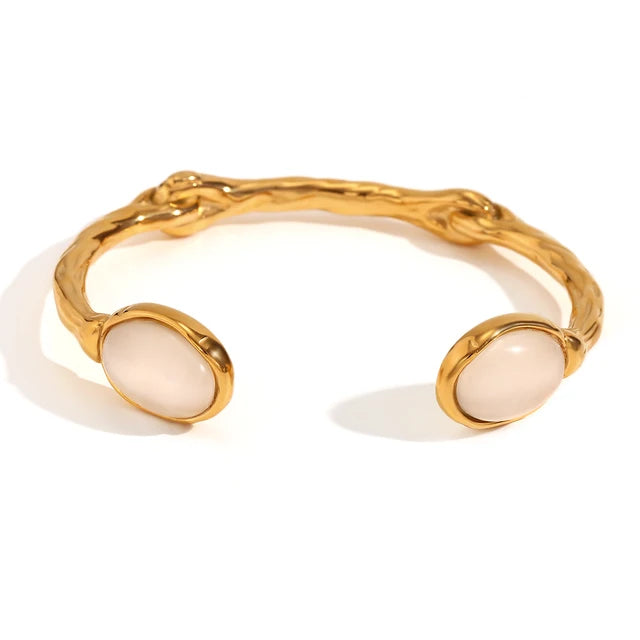 Oval Natural Stone Open Irregular Green Agate Pink Crystal Bracelet 18K Gold Plated 316L Stainless Steel Bracelets for Women eprolo