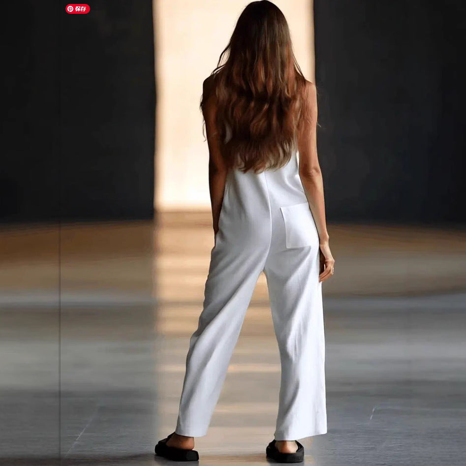 Casual Loose Sleeveless Single-Button Wide-Leg Pants Fashion Cargo Jumpsuit for Women