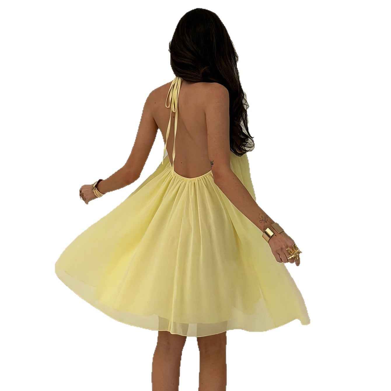 Halter neck tie-up dress yellow sleeveless export women's backless sexy strap dress
