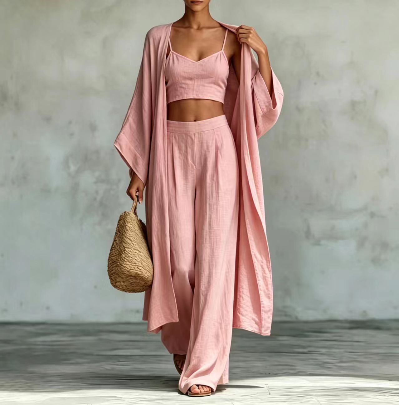 Loose cardigan short strap high waist wide leg pants set eprolo