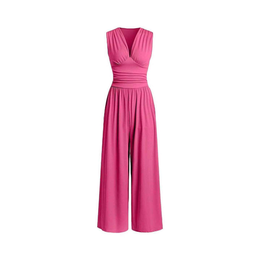 Solid color sleeveless knitted one-piece loose wide leg pants with short sleeves