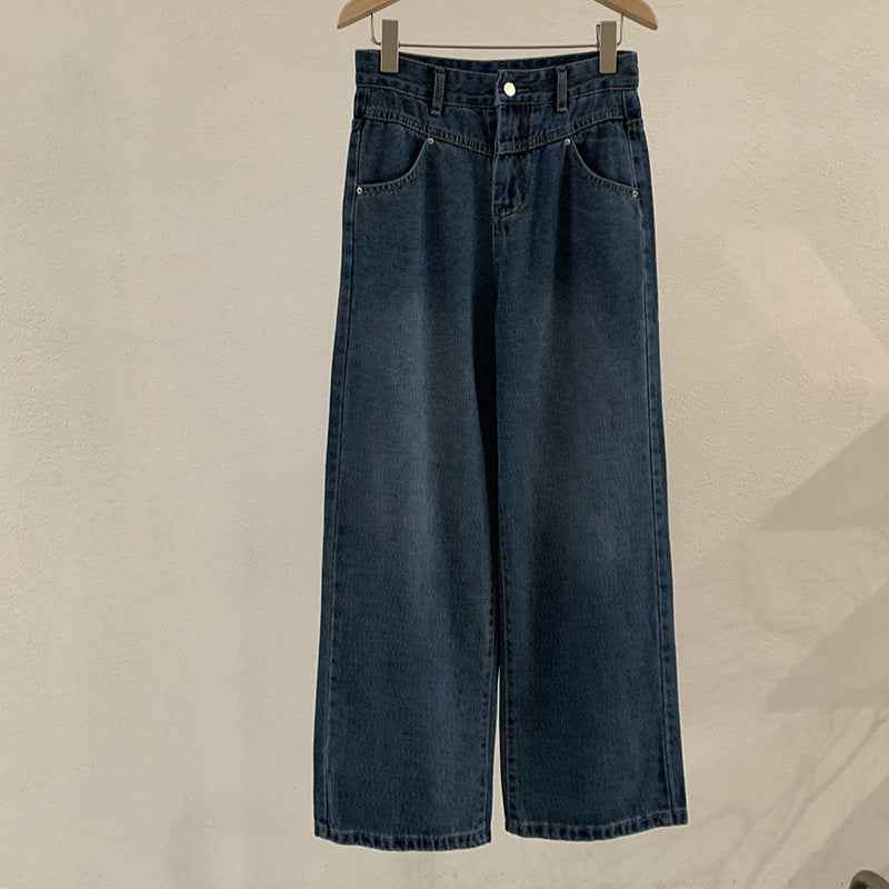 Vintage High-Waisted Denim Pants Women Loose Wide-Leg Slim Straight Leg Pants