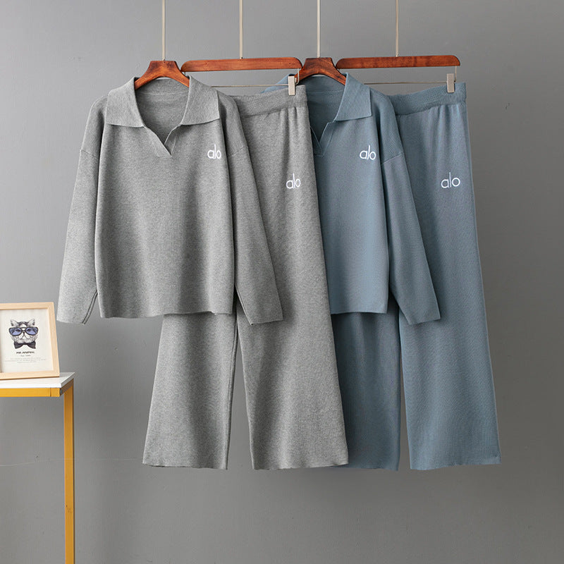 Set Polo Collar Casual Sweater + Loose Wide-Leg Pants Two-Piece Set