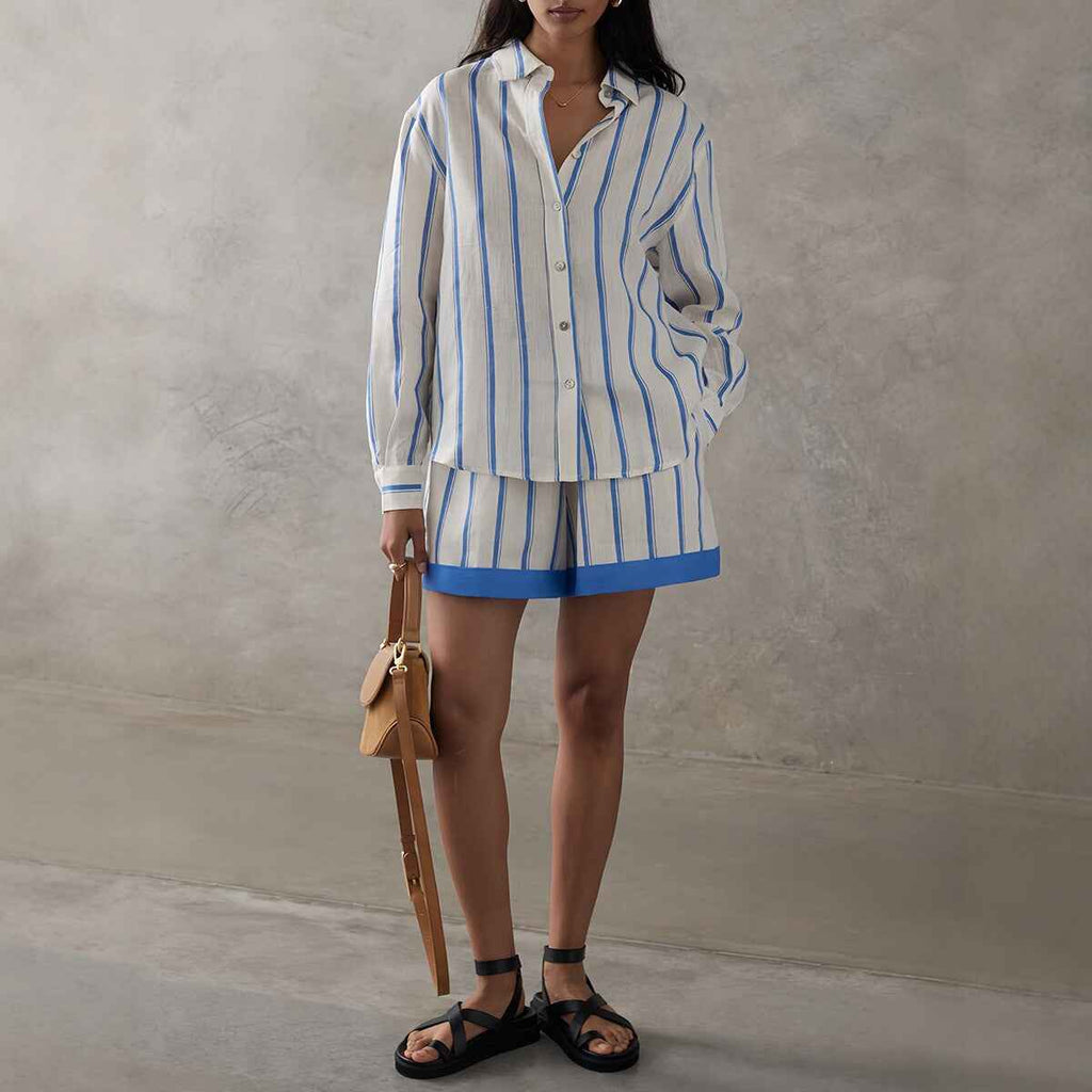 Linen Blue and White Stripe Shirt Women's Loose Bohemian Long Sleeve Casual Set Office Wear Two-Piece Shirt