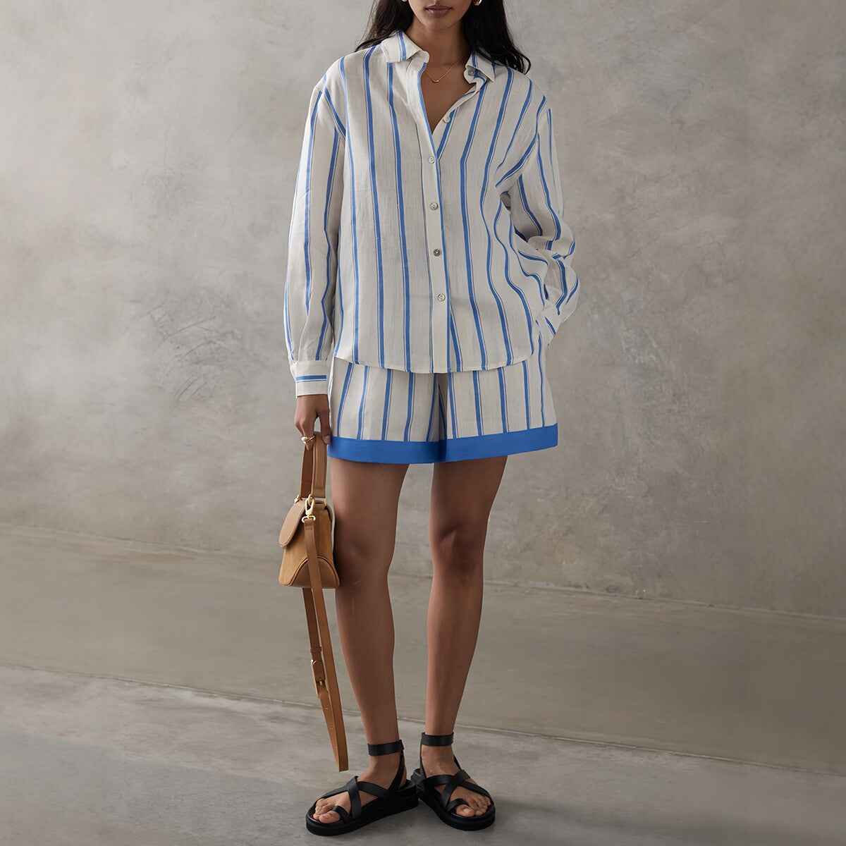 Linen Blue and White Stripe Shirt Women's Loose Bohemian Long Sleeve Casual Set Office Wear Two-Piece Shirt