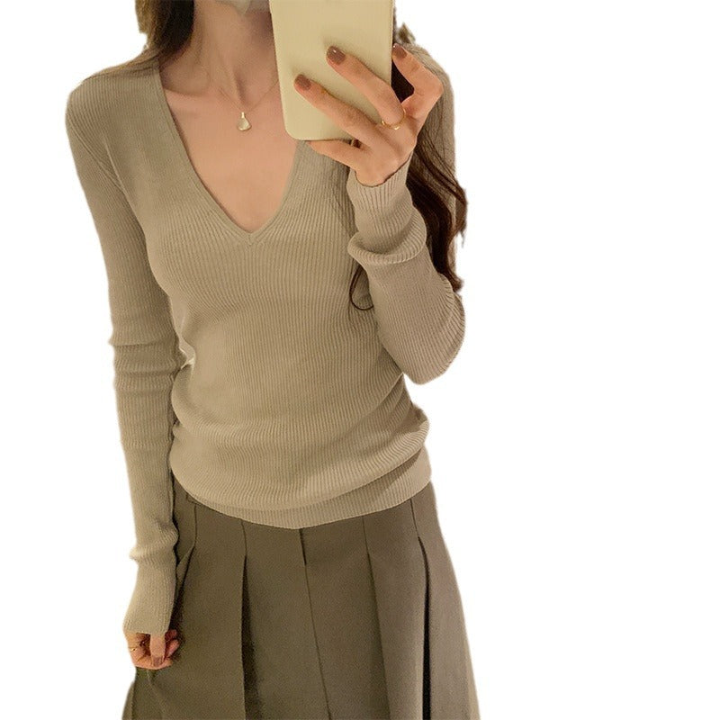 V-Neck Lazy Style Knitted Sweater for Women,Soft Long Sleeve Top, Inner Layer Basic Shirt