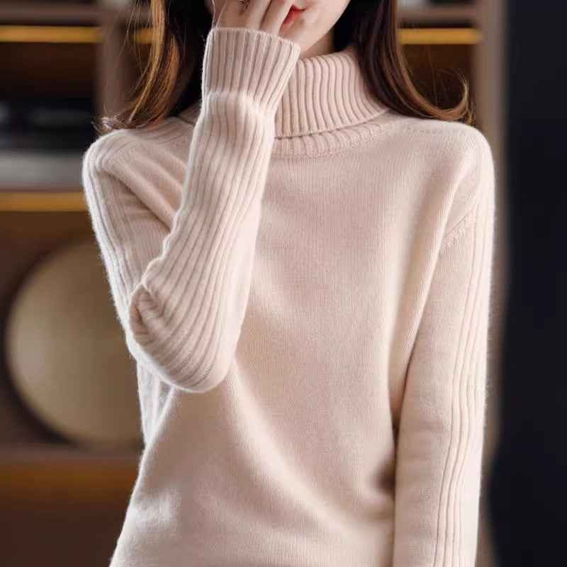 Chic Thick Knit Sweater Pullover with High Neck and Turn-Down Collar Loose Fit Slimming Top for Women
