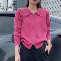 Chic Cardigan Sweater for Women with Double Zipper and Turn-Down Collar, Fashionable Autumn/Winter Top